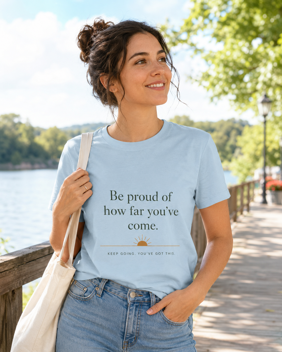 Inspirational Crew Tee — “Be proud of how far you’ve come.” Motivational Quote T-Shirt