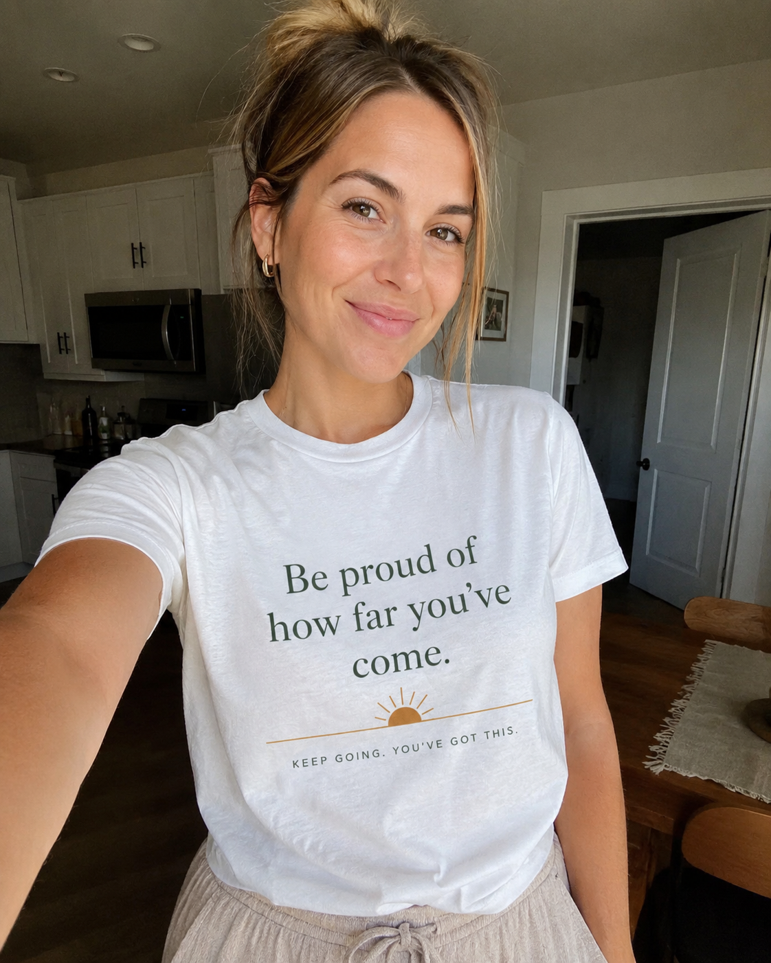 Inspirational Crew Tee — “Be proud of how far you’ve come.” Motivational Quote T-Shirt