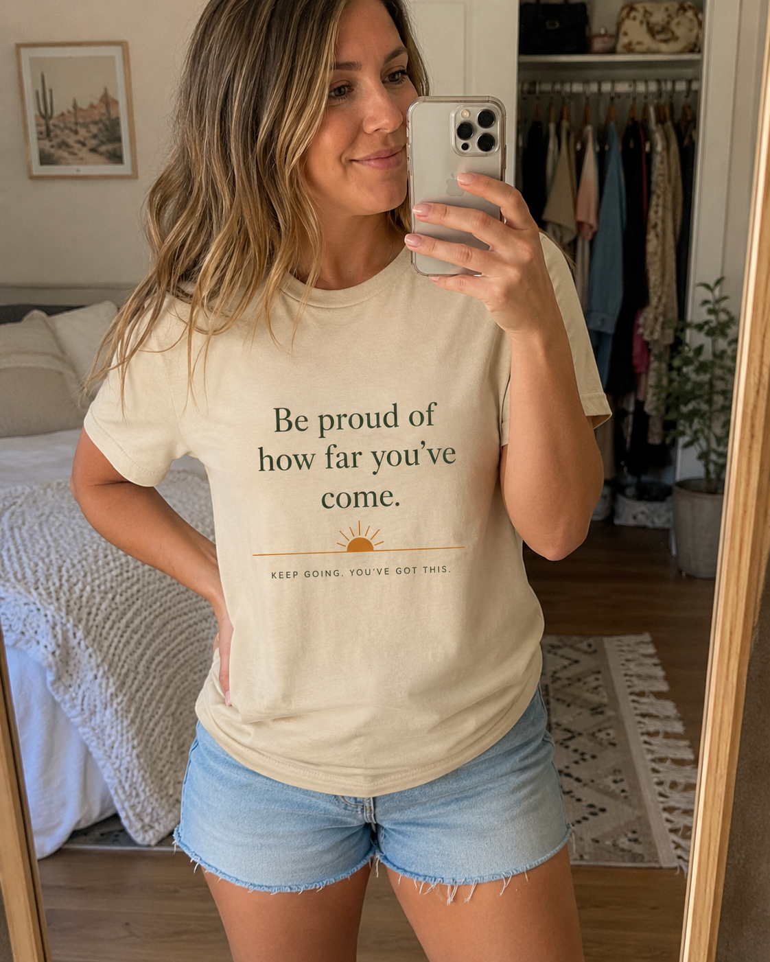 Inspirational Crew Tee — “Be proud of how far you’ve come.” Motivational Quote T-Shirt