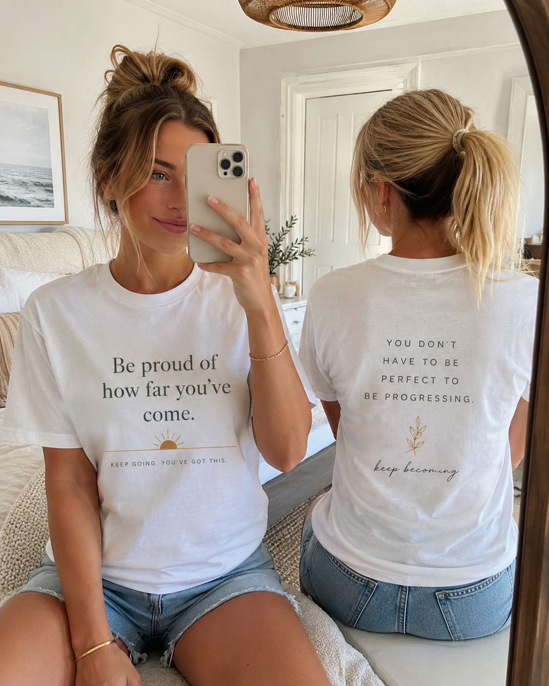 Inspirational Crew Tee — “Be proud of how far you’ve come.” Motivational Quote T-Shirt
