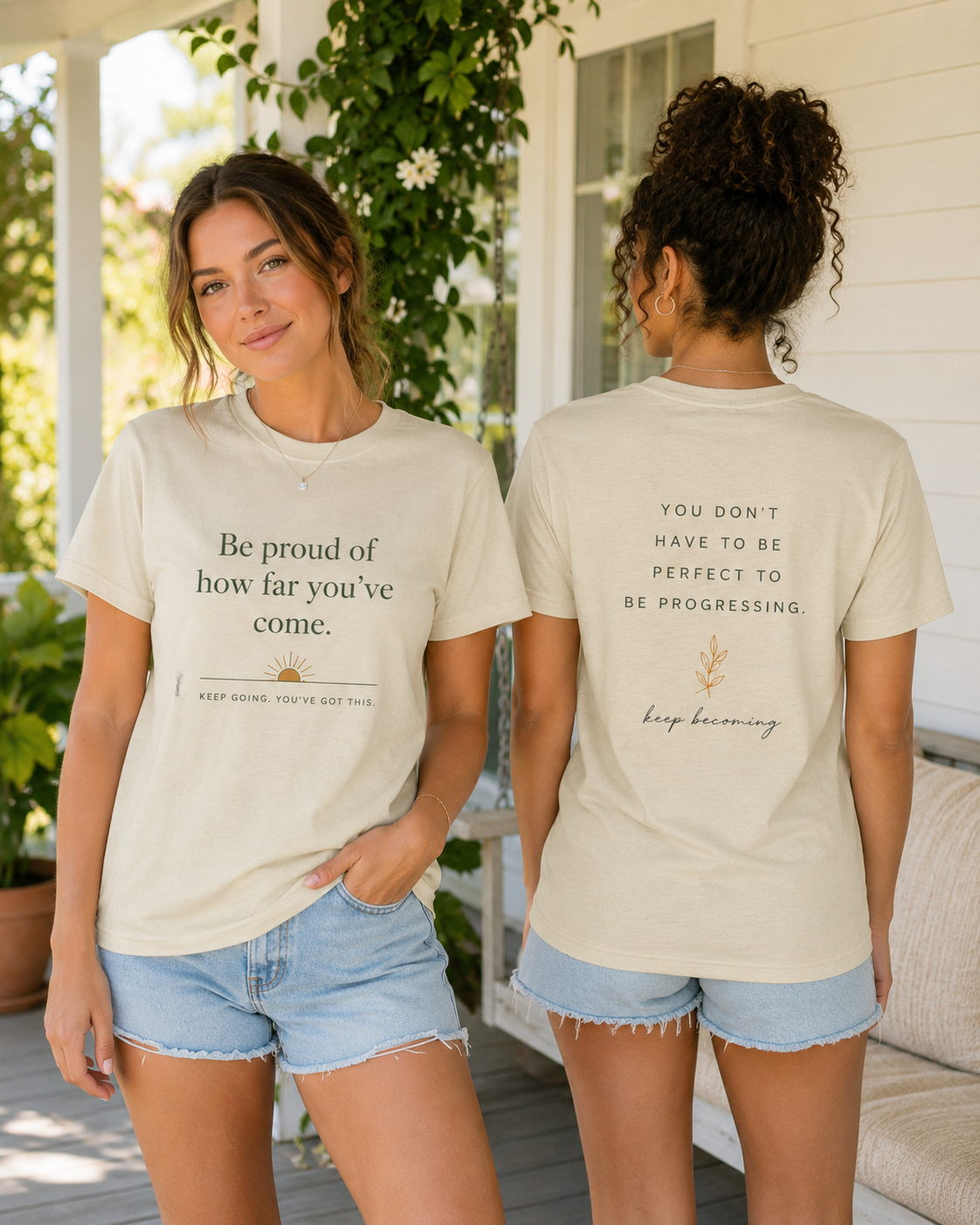 Inspirational Crew Tee — “Be proud of how far you’ve come.” Motivational Quote T-Shirt
