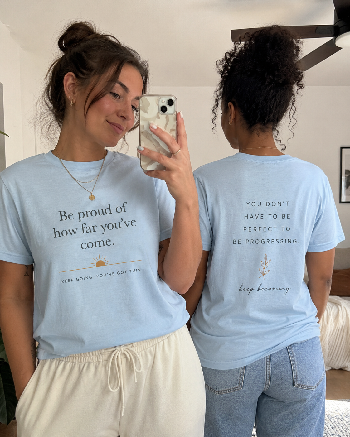 Inspirational Crew Tee — “Be proud of how far you’ve come.” Motivational Quote T-Shirt