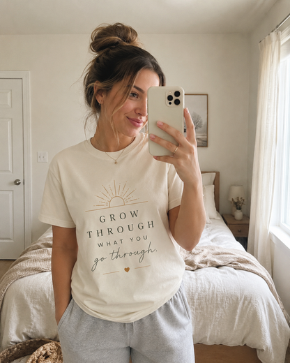 Grow Through What You Go Through Tee — Inspirational Sun & Heart Graphic