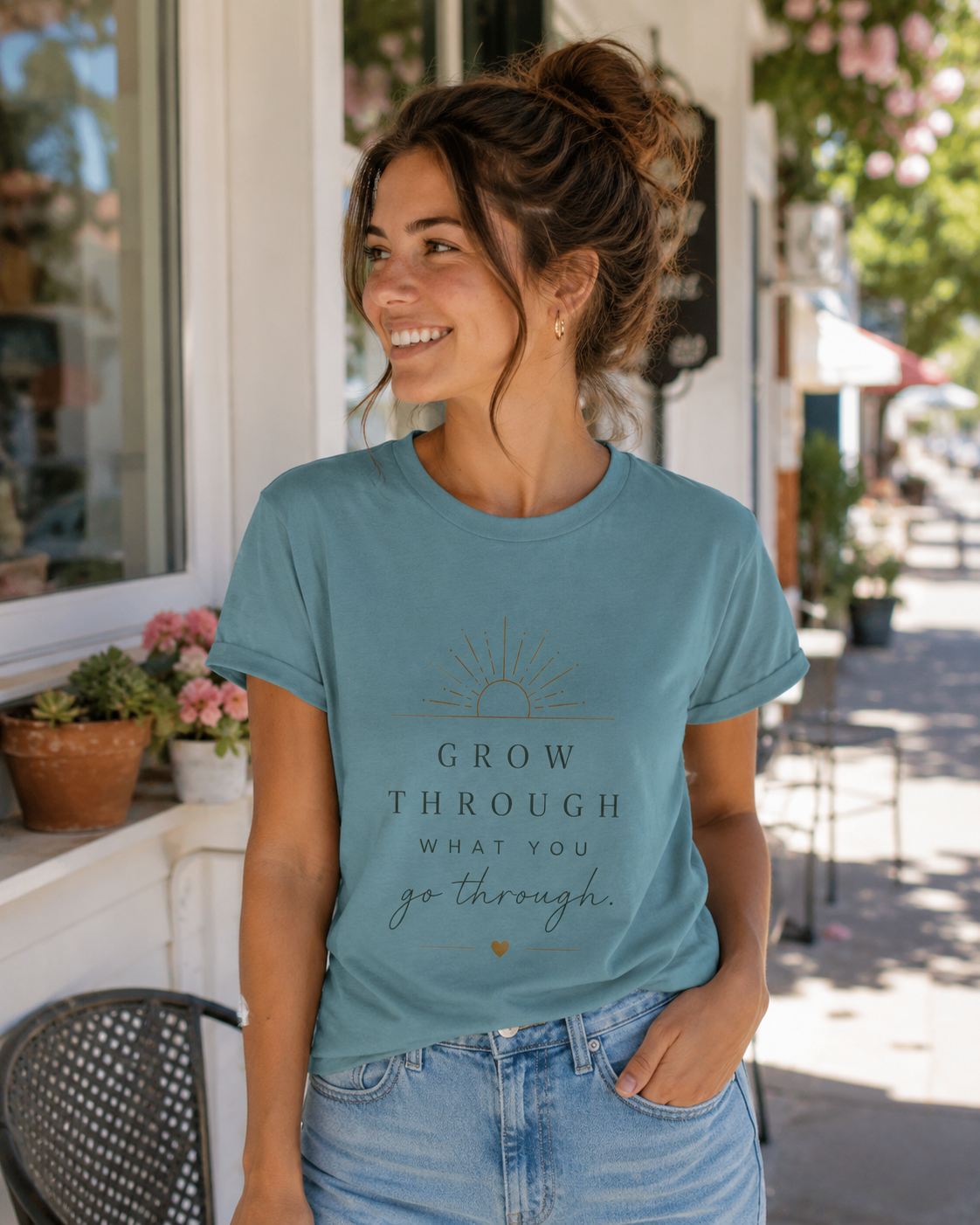Grow Through What You Go Through Tee — Inspirational Sun & Heart Graphic