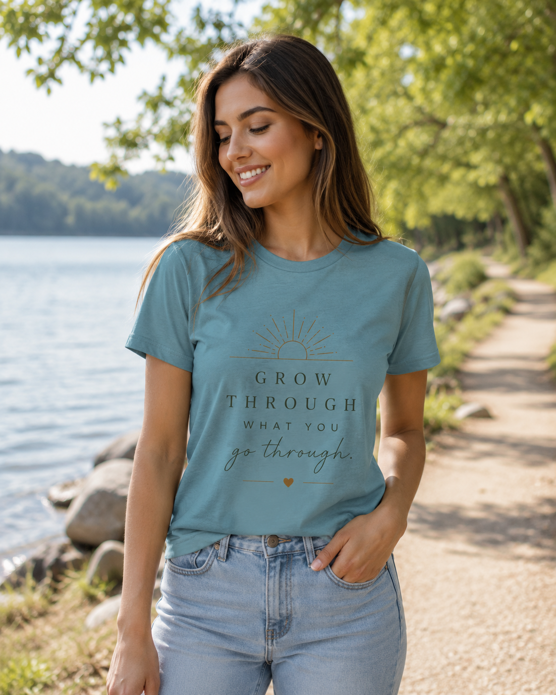 Grow Through What You Go Through Tee — Inspirational Sun & Heart Graphic
