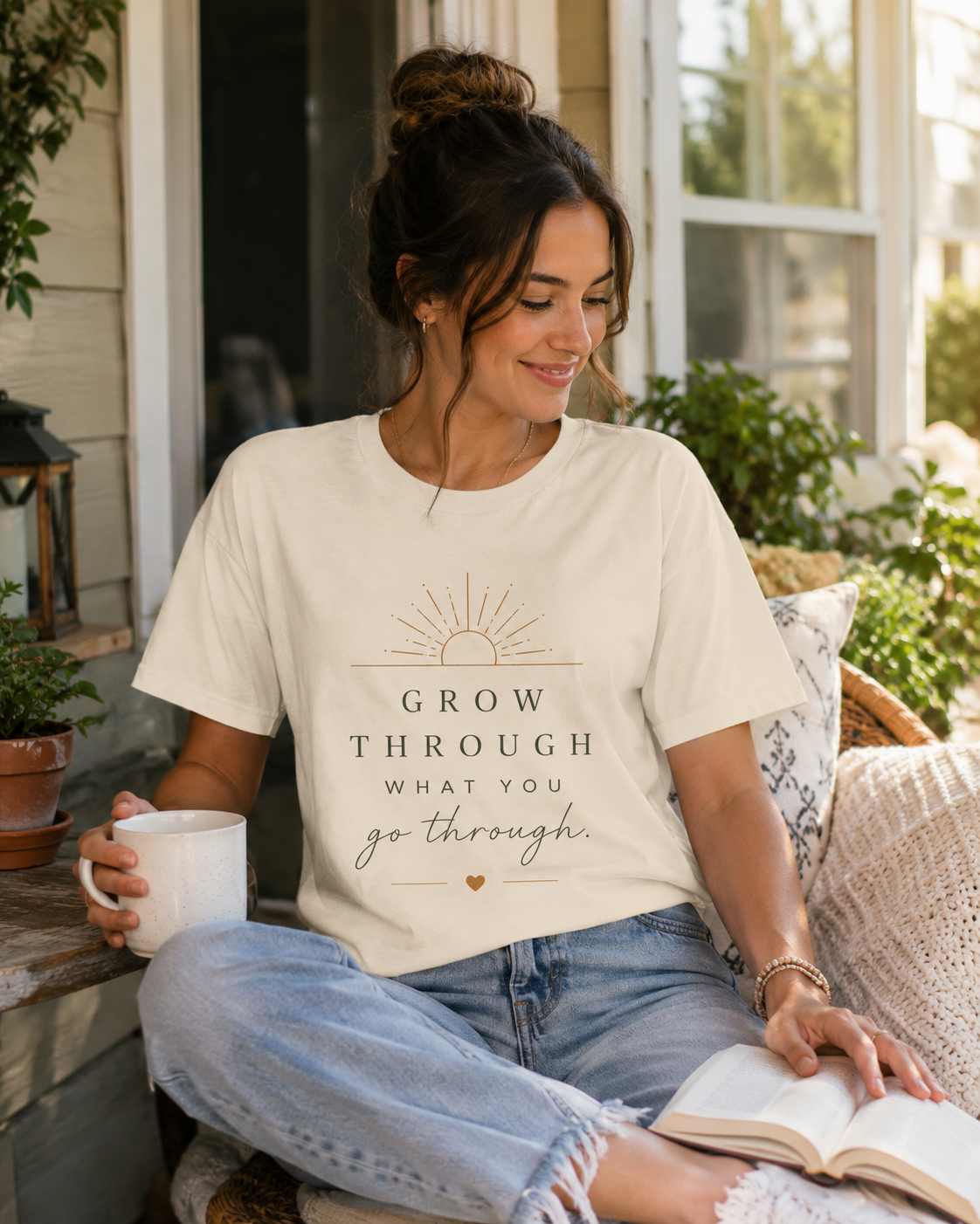 Grow Through What You Go Through Tee — Inspirational Sun & Heart Graphic
