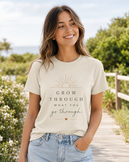 Grow Through What You Go Through Tee — Inspirational Sun & Heart Graphic