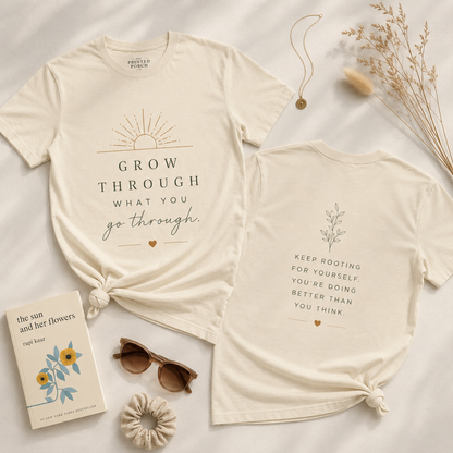 Grow Through What You Go Through Tee — Inspirational Sun & Heart Graphic