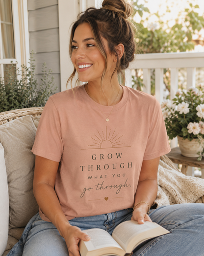 Grow Through What You Go Through Tee — Inspirational Sun & Heart Graphic