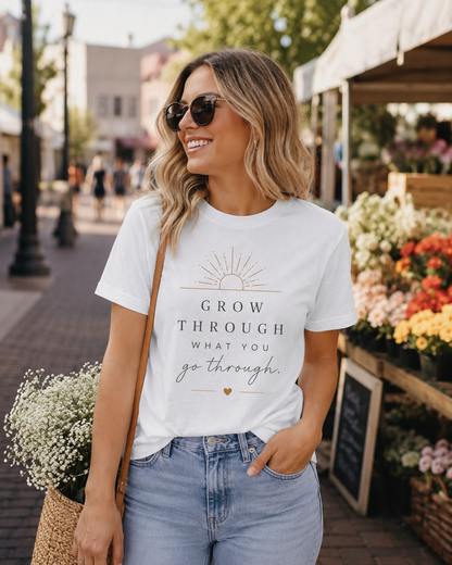 Grow Through What You Go Through Tee — Inspirational Sun & Heart Graphic