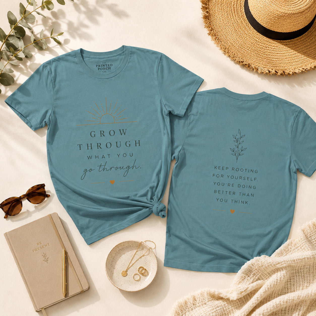 Grow Through What You Go Through Tee — Inspirational Sun & Heart Graphic