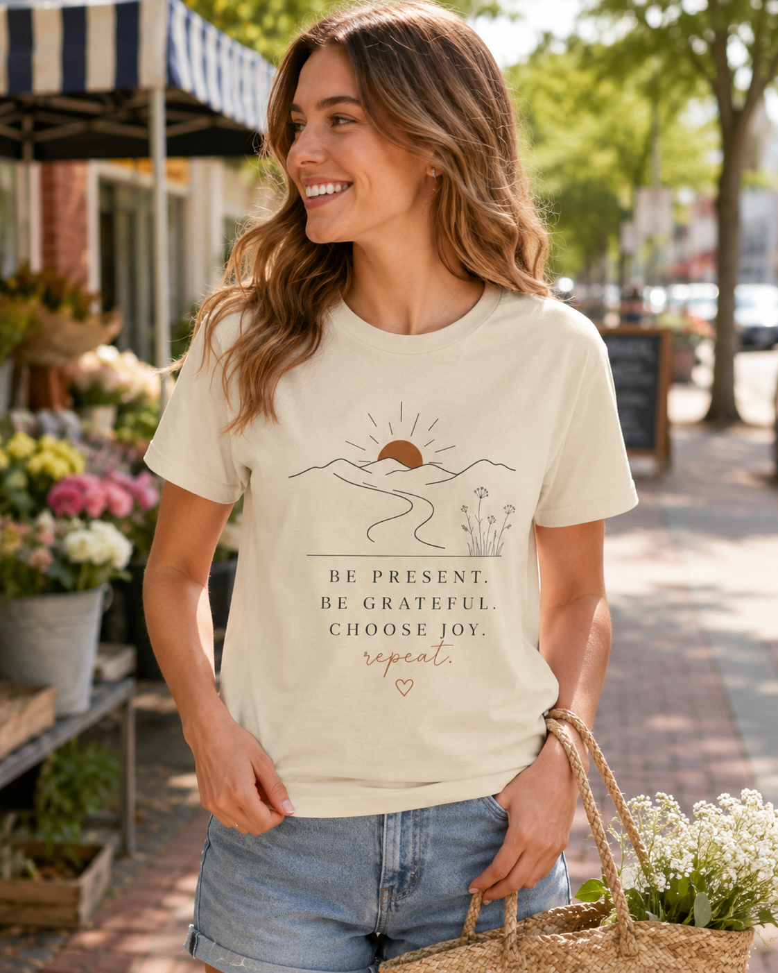 Be Present Inspirational Tee — 'Be Present. Be Grateful. Choose Joy.' Motivational Graphic T‑Shirt