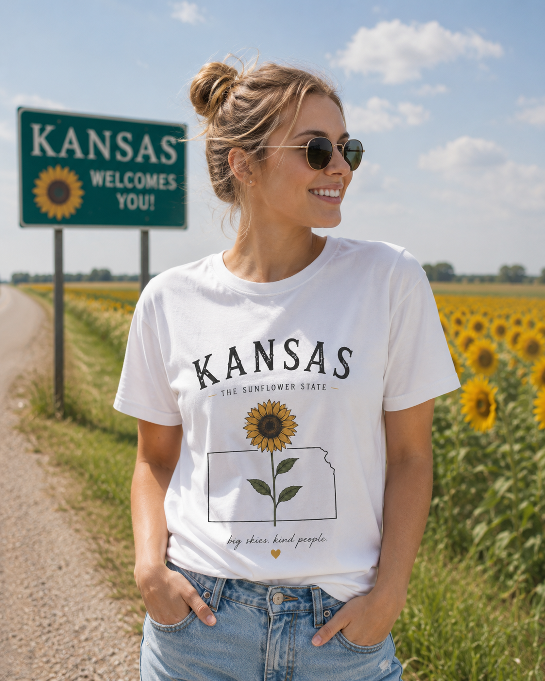 Kansas Sunflower State T-Shirt — 'Big Skies, Kind People' Graphic Tee