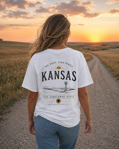 Kansas Sunflower State T-Shirt — 'Big Skies, Kind People' Graphic Tee
