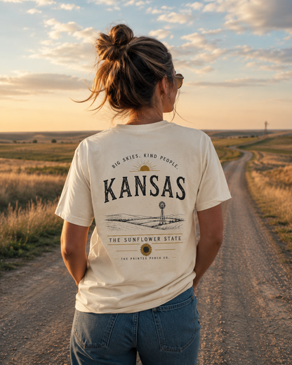 Kansas Sunflower State T-Shirt — 'Big Skies, Kind People' Graphic Tee