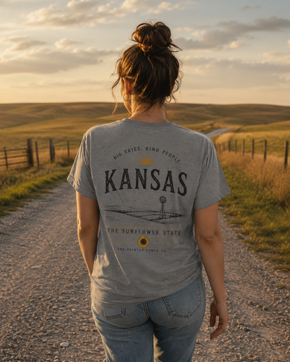 Kansas Sunflower State T-Shirt — 'Big Skies, Kind People' Graphic Tee
