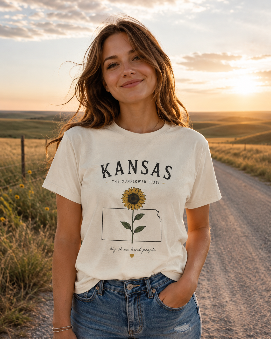 Kansas Sunflower State T-Shirt — 'Big Skies, Kind People' Graphic Tee