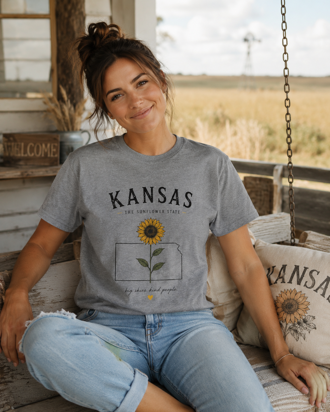 Kansas Sunflower State T-Shirt — 'Big Skies, Kind People' Graphic Tee