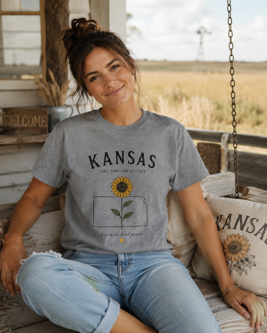 Kansas Sunflower State T-Shirt — 'Big Skies, Kind People' Graphic Tee