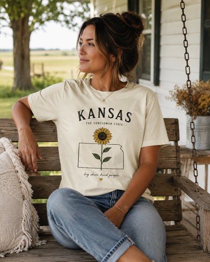 Kansas Sunflower State T-Shirt — 'Big Skies, Kind People' Graphic Tee
