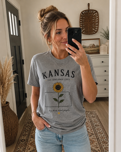 Kansas Sunflower State T-Shirt — 'Big Skies, Kind People' Graphic Tee