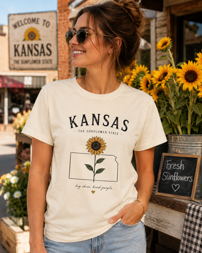 Kansas Sunflower State T-Shirt — 'Big Skies, Kind People' Graphic Tee