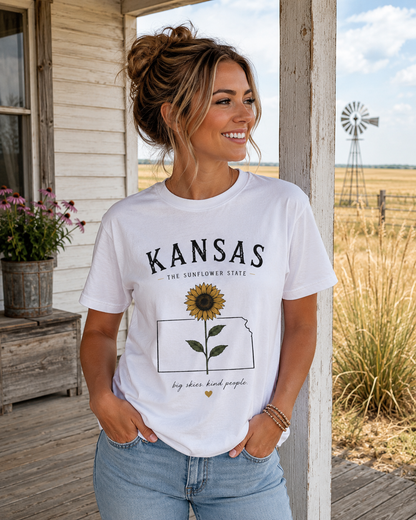 Kansas Sunflower State T-Shirt — 'Big Skies, Kind People' Graphic Tee