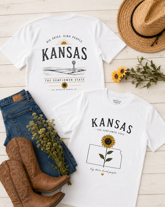 Kansas Sunflower State T-Shirt — 'Big Skies, Kind People' Graphic Tee