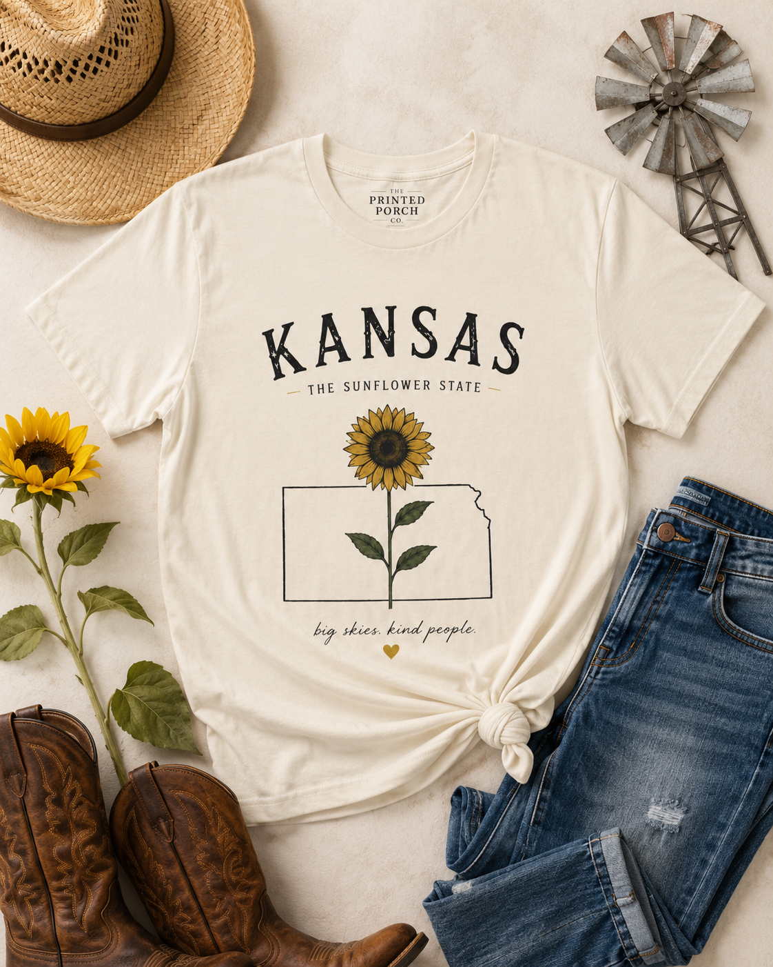 Kansas Sunflower State T-Shirt — 'Big Skies, Kind People' Graphic Tee