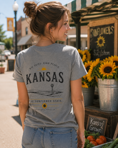 Kansas Sunflower State T-Shirt — 'Big Skies, Kind People' Graphic Tee