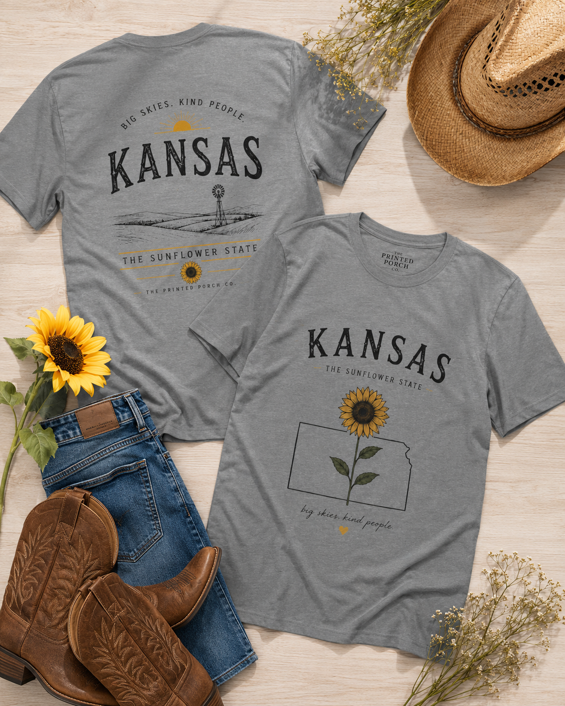 Kansas Sunflower State T-Shirt — 'Big Skies, Kind People' Graphic Tee