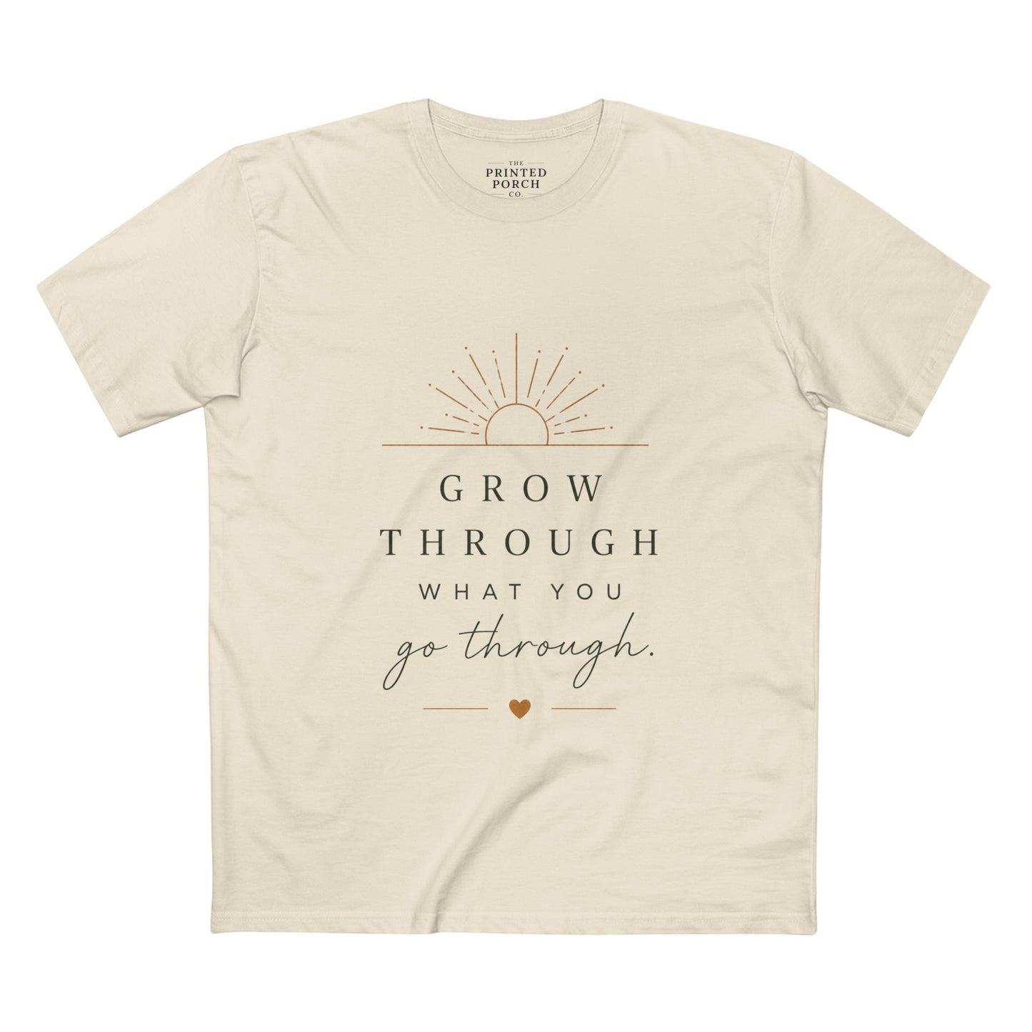 Grow Through What You Go Through Tee — Inspirational Sun & Heart Graphic